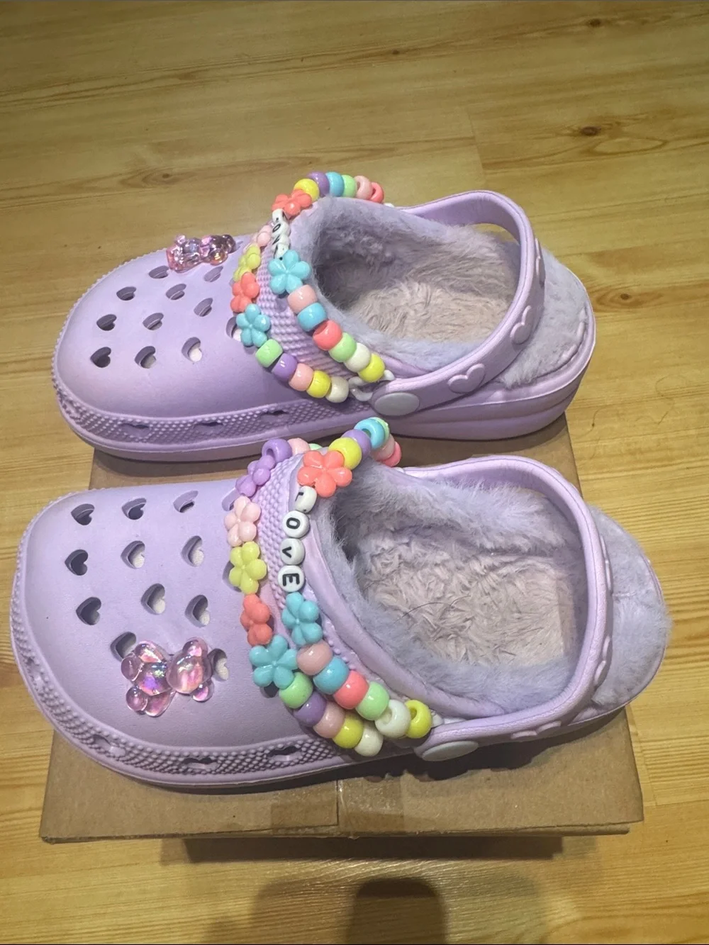 Kids Purple Heart Clogs with Beaded Flower Strap